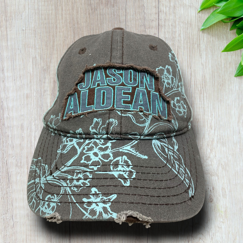 Jason Aldean Autographed Distressed Patch Hat Cap Blue Brown Floral Snapback